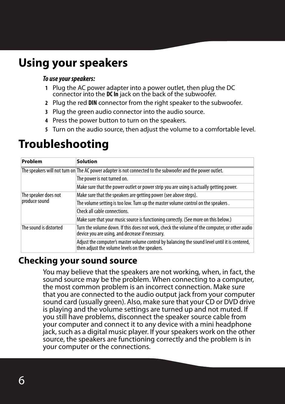 Using your speakers, To use your speakers, Troubleshooting | Checking your sound source, Using your speakers troubleshooting, 6using your speakers | RocketFish RF-3800 User Manual | Page 8 / 34