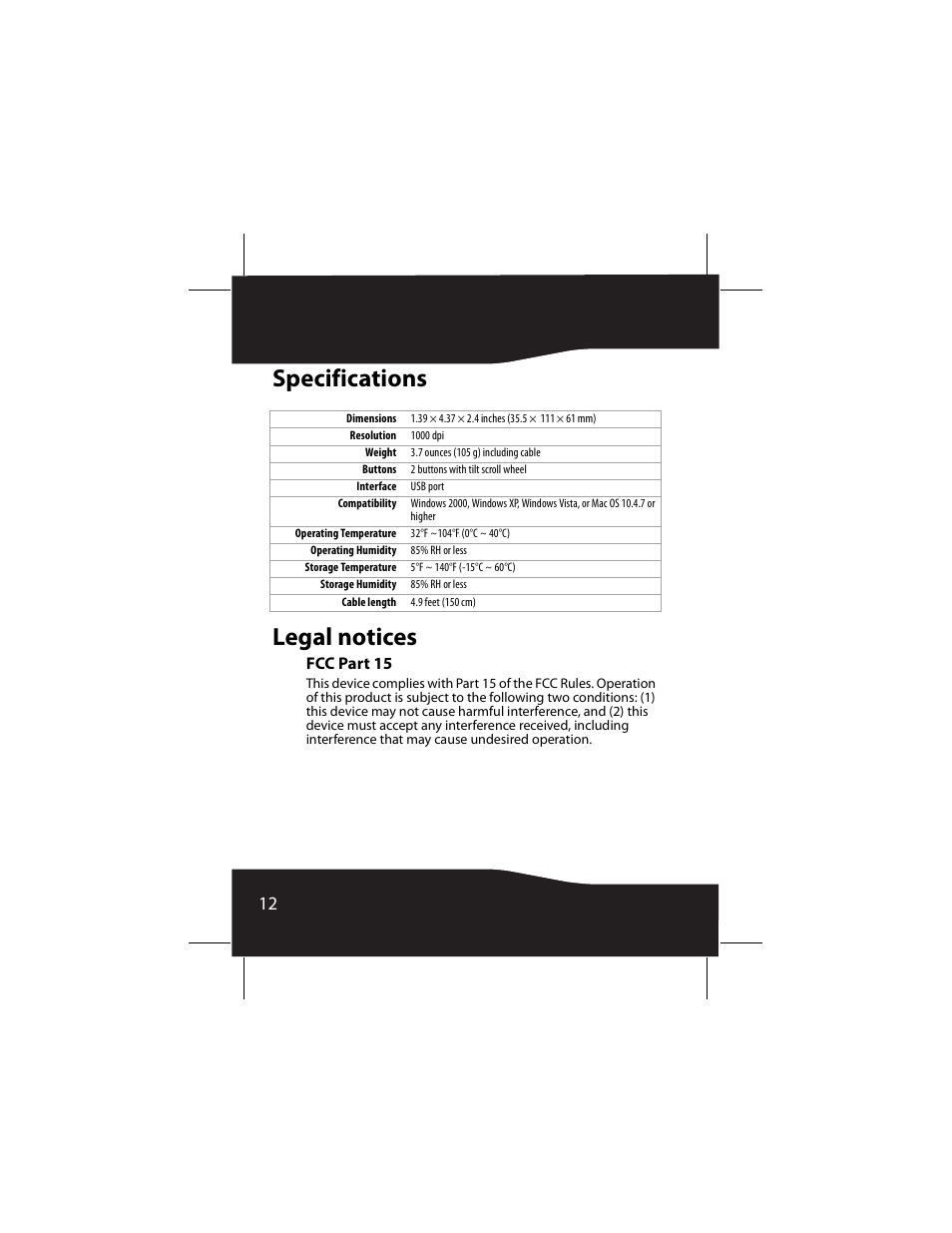 Specifications, Legal notices, Specifications legal notices | Fcc part 15 | RocketFish RF-AFMSE User Manual | Page 12 / 56