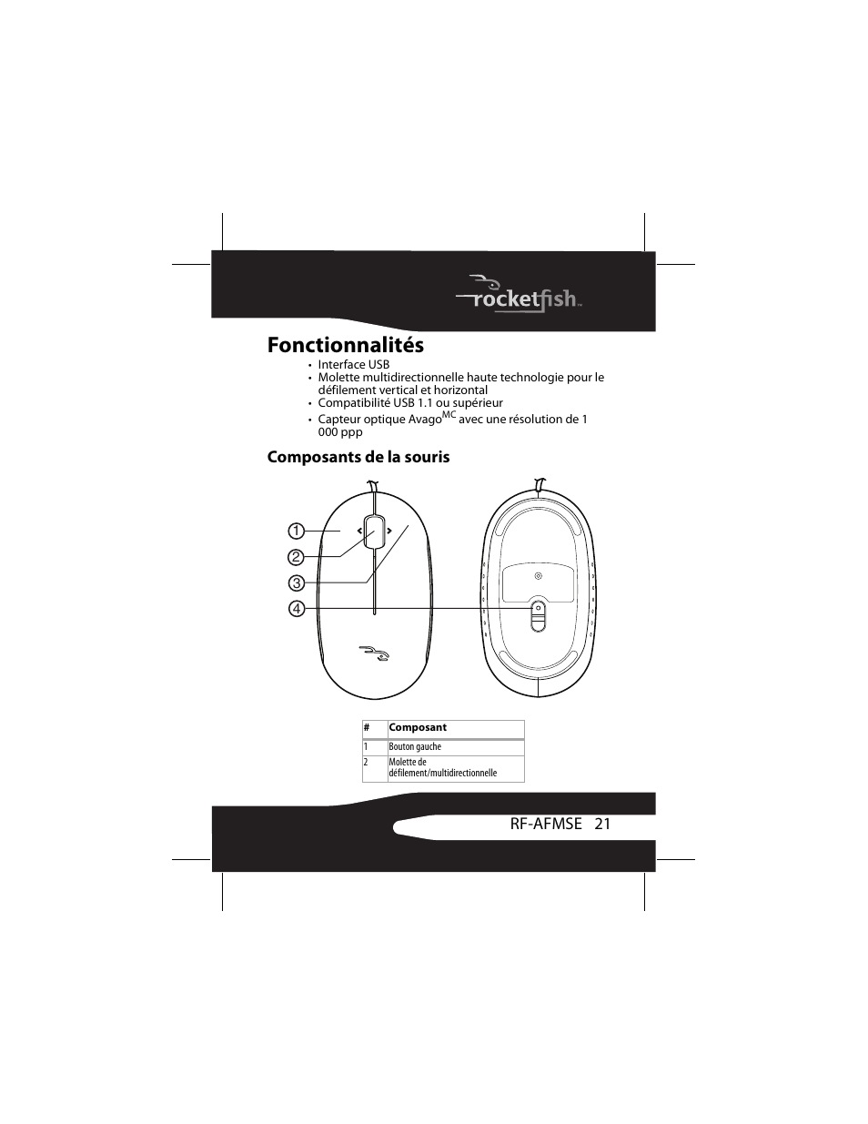 Fonctionnalités, Composants de la souris | RocketFish RF-AFMSE User Manual | Page 21 / 56