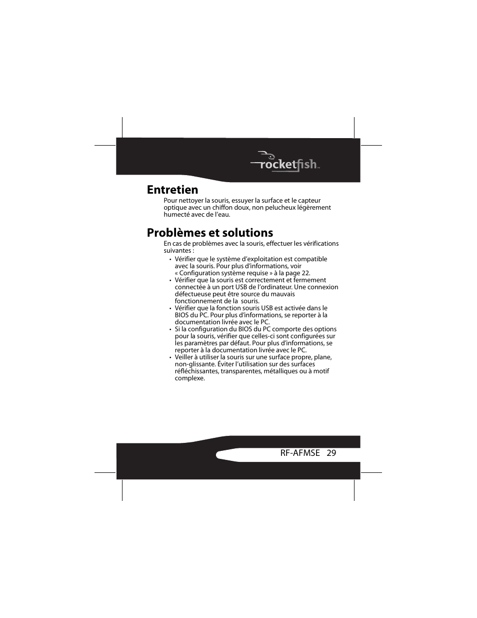 Entretien, Problèmes et solutions, Entretien problèmes et solutions | RocketFish RF-AFMSE User Manual | Page 29 / 56