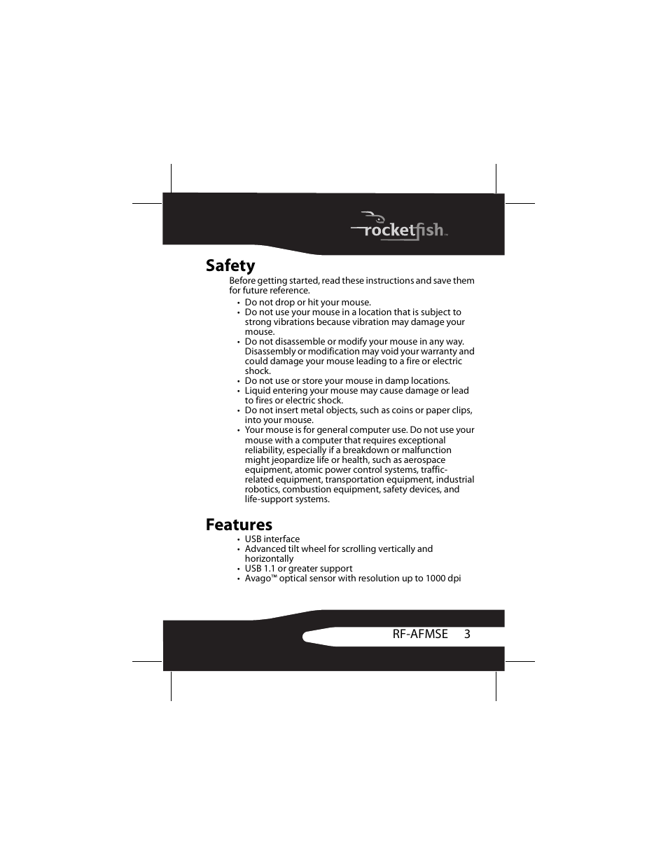 Safety, Features, Safety features | RocketFish RF-AFMSE User Manual | Page 3 / 56