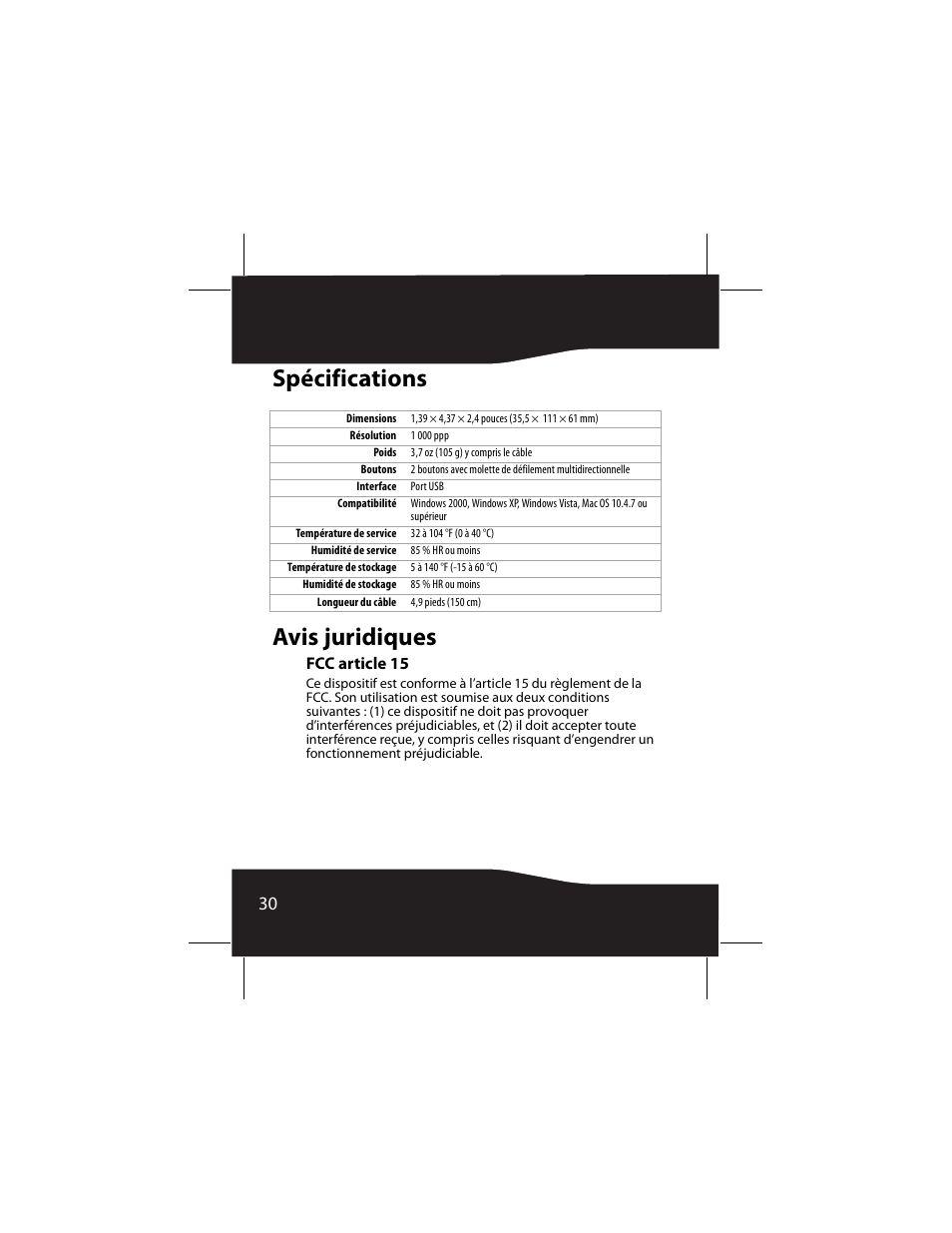 Spécifications, Avis juridiques, Spécifications avis juridiques | Fcc article 15 | RocketFish RF-AFMSE User Manual | Page 30 / 56