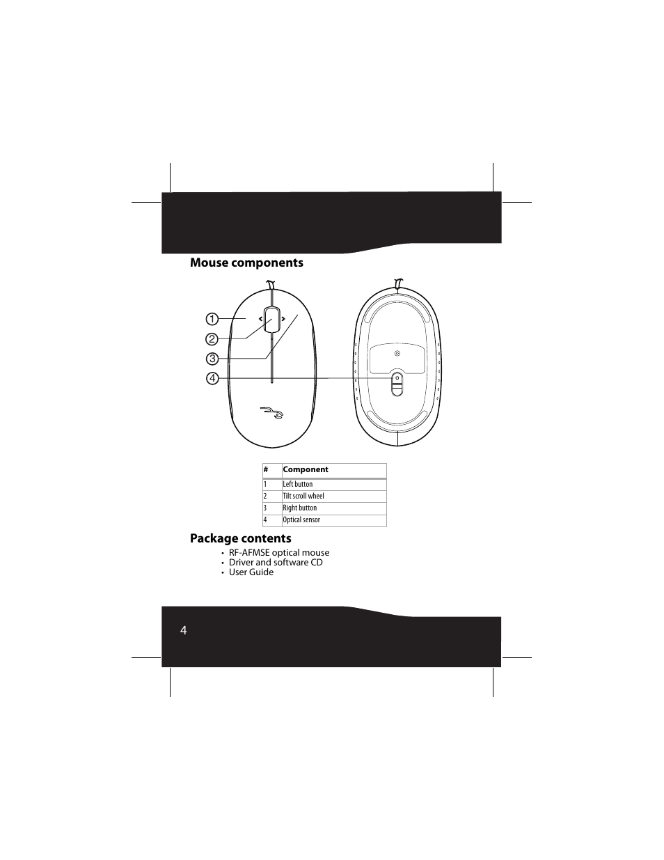 Mouse components, Package contents, 4mouse components package contents | RocketFish RF-AFMSE User Manual | Page 4 / 56