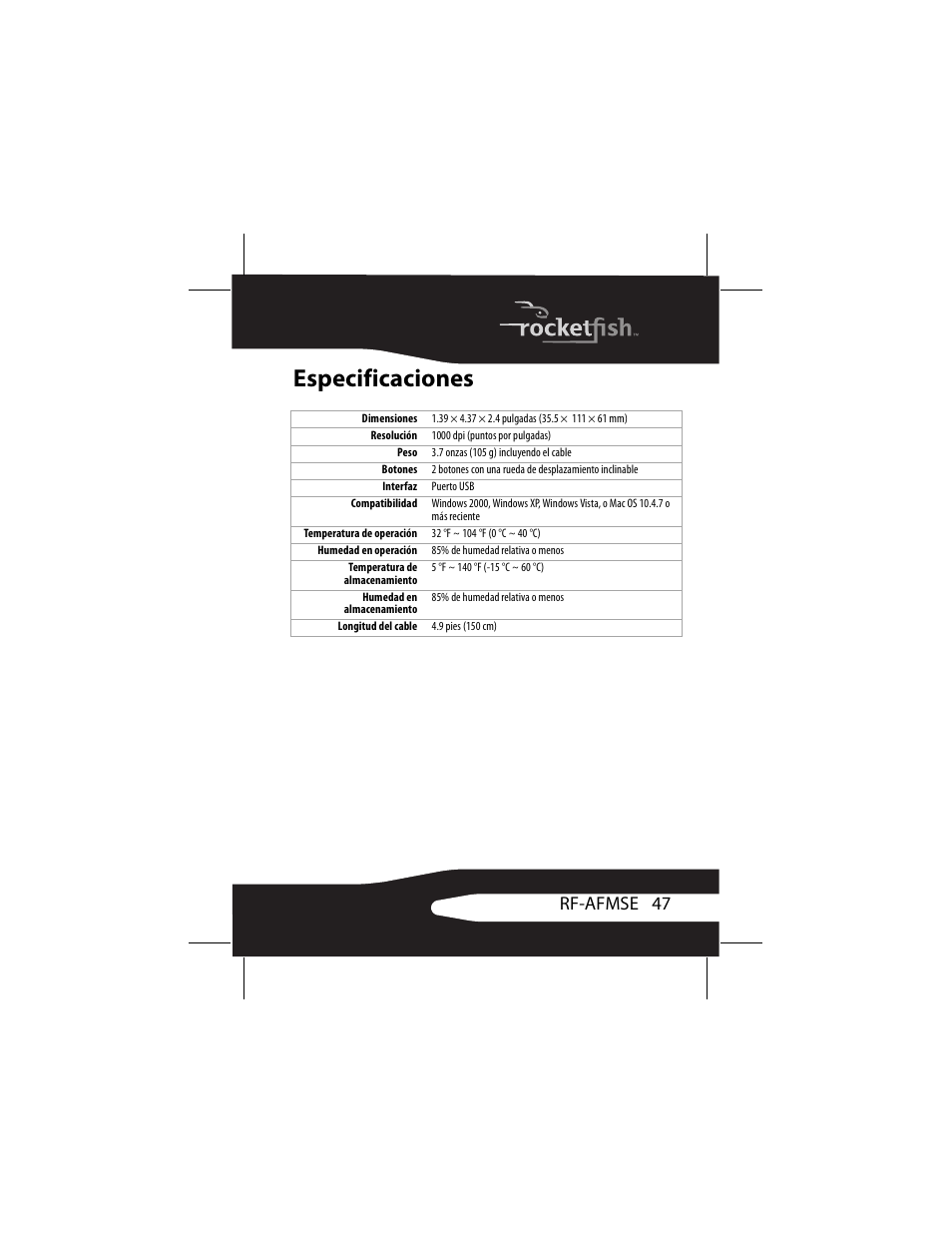 Especificaciones, 47 rf-afmse | RocketFish RF-AFMSE User Manual | Page 47 / 56