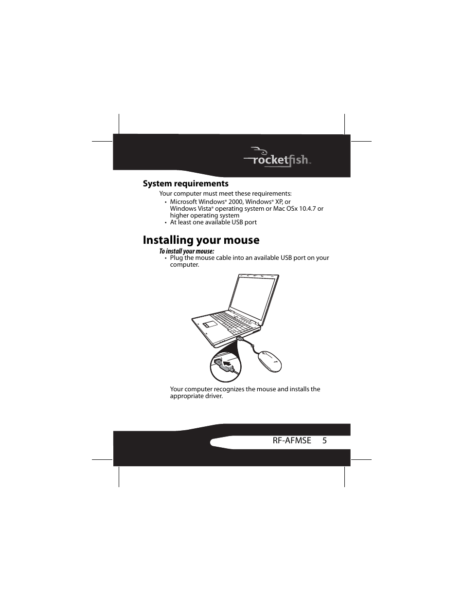 System requirements, Installing your mouse | RocketFish RF-AFMSE User Manual | Page 5 / 56