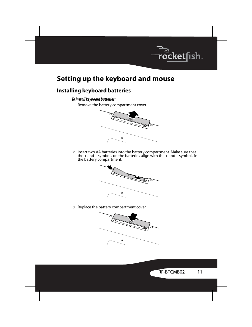 Setting up the keyboard and mouse, Installing keyboard batteries | RocketFish RF-BTCMB02 User Manual | Page 11 / 35