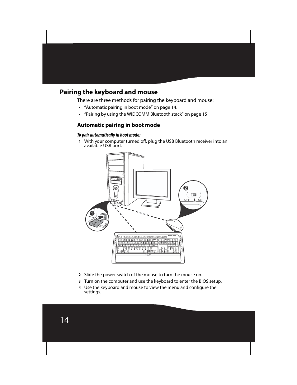 Pairing the keyboard and mouse, Automatic pairing in boot mode | RocketFish RF-BTCMB02 User Manual | Page 14 / 35