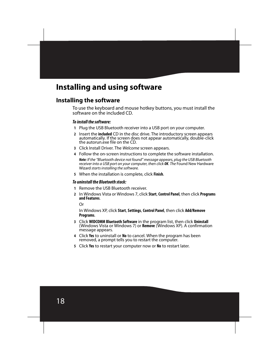 Installing and using software, Installing the software, Installing the | Software, 18 installing and using software | RocketFish RF-BTCMB02 User Manual | Page 18 / 35