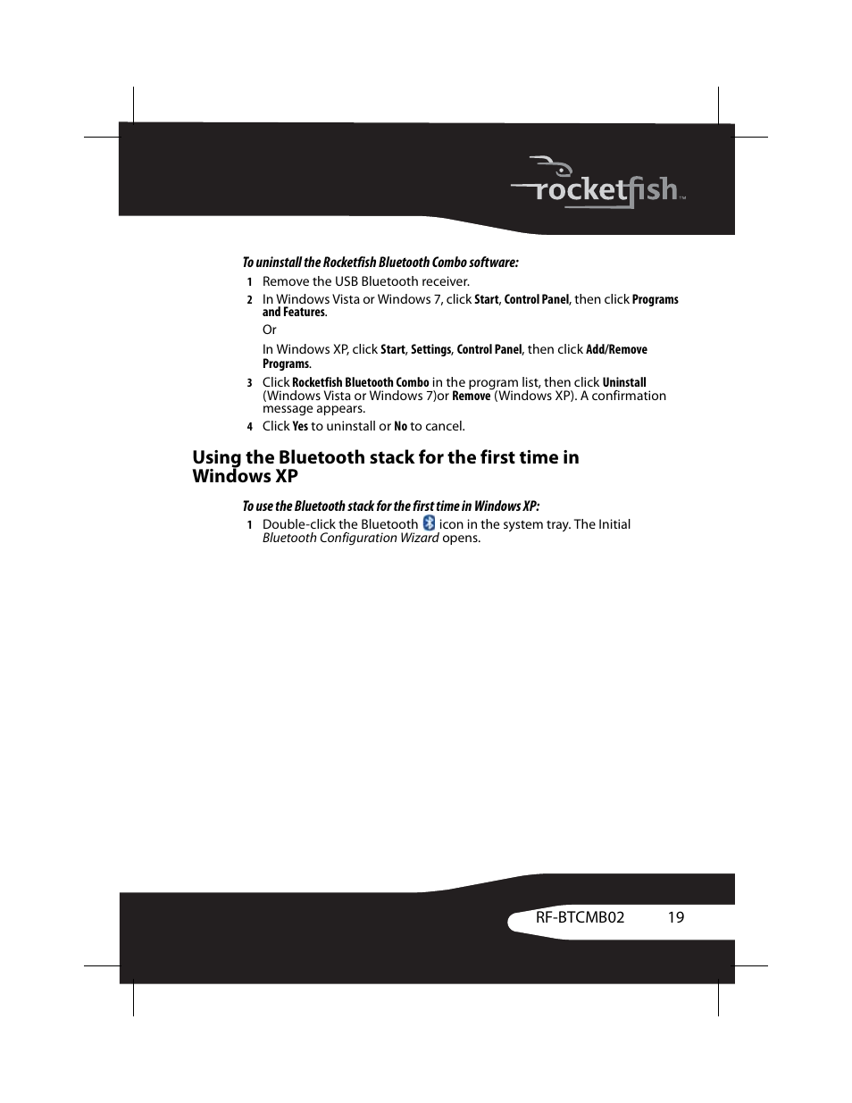 See “using the bluetooth stack for, The first time in windows xp | RocketFish RF-BTCMB02 User Manual | Page 19 / 35