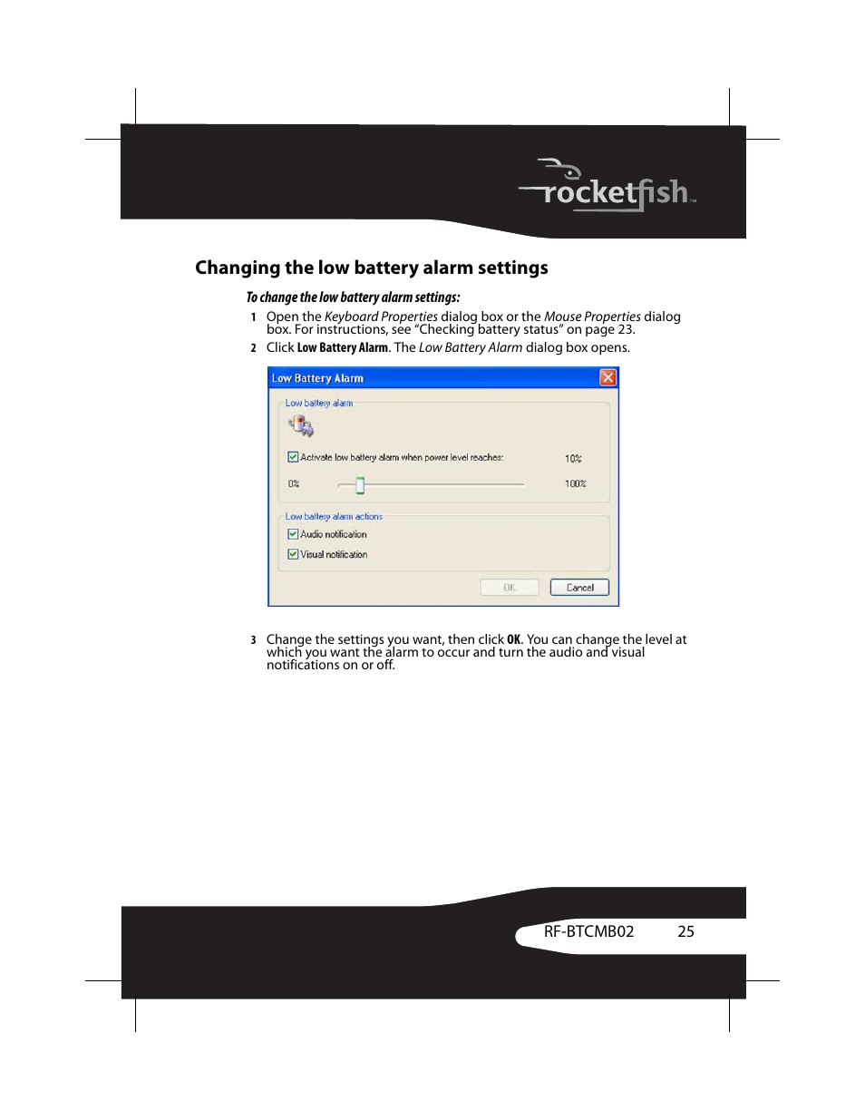 Changing the low battery alarm settings | RocketFish RF-BTCMB02 User Manual | Page 25 / 35