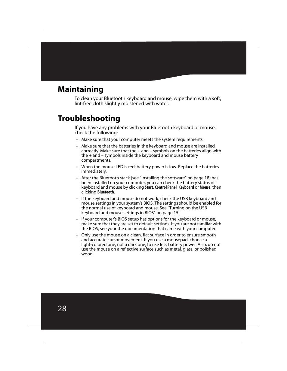 Maintaining, Troubleshooting, Maintaining troubleshooting | 28 maintaining | RocketFish RF-BTCMB02 User Manual | Page 28 / 35