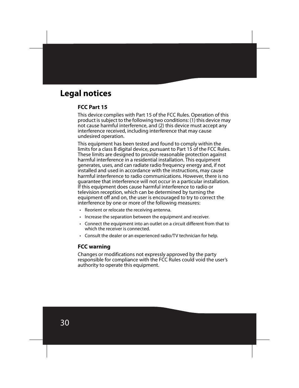 Legal notices, Fcc part 15, Fcc warning | 30 legal notices | RocketFish RF-BTCMB02 User Manual | Page 30 / 35