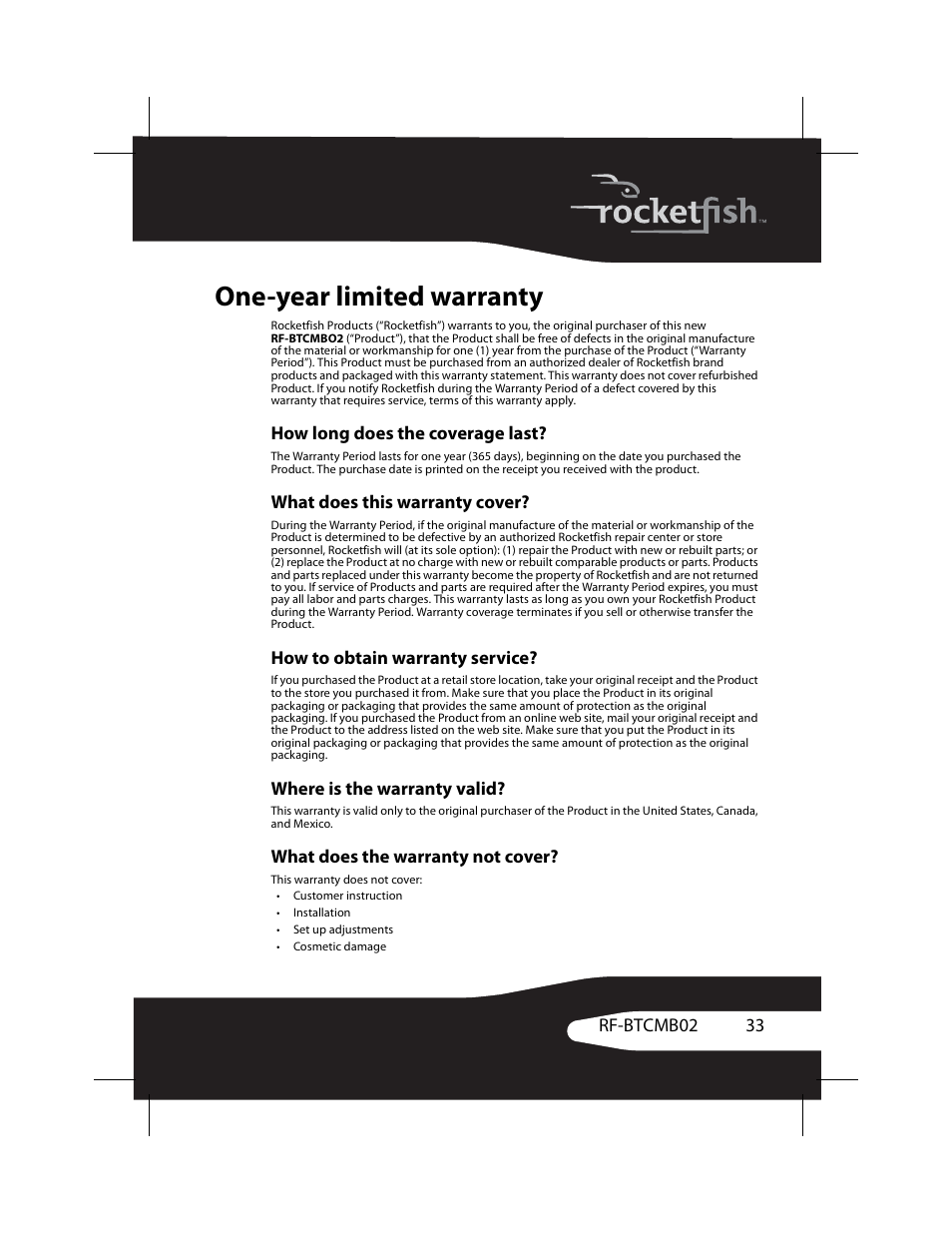 One-year limited warranty, How long does the coverage last, What does this warranty cover | How to obtain warranty service, Where is the warranty valid, What does the warranty not cover | RocketFish RF-BTCMB02 User Manual | Page 33 / 35