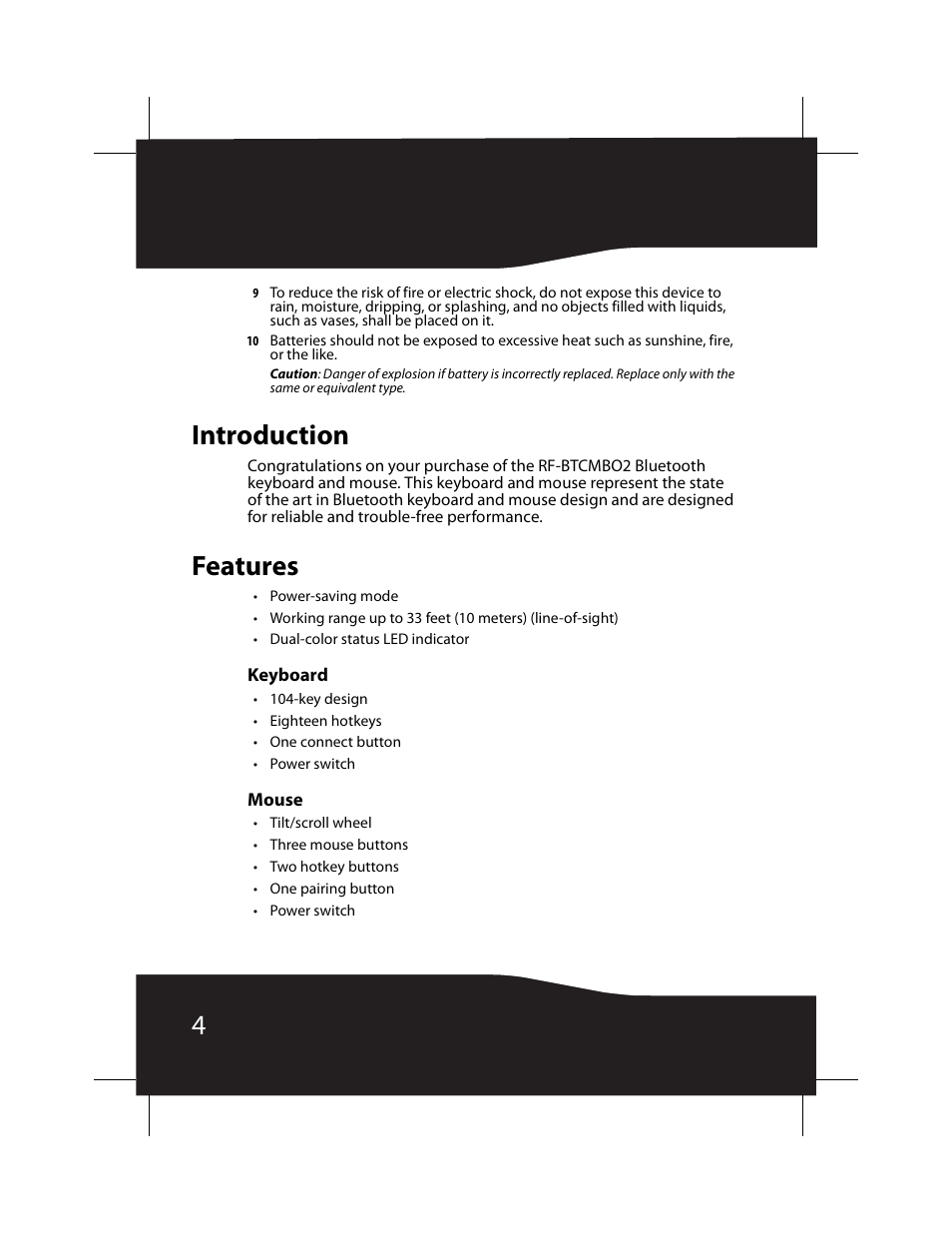 Introduction, Features, Keyboard | Mouse, Introduction features | RocketFish RF-BTCMB02 User Manual | Page 4 / 35