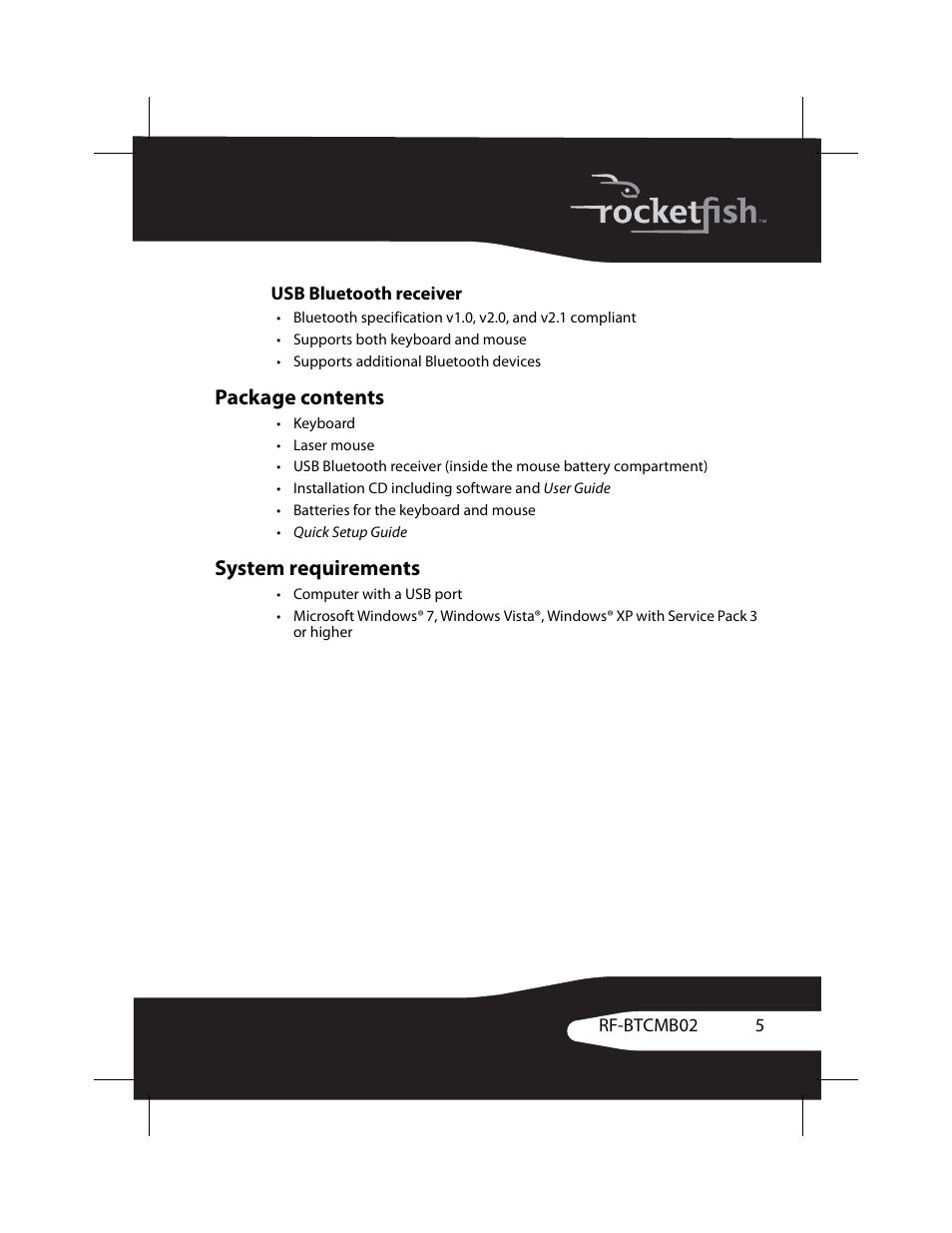Usb bluetooth receiver, Package contents, System requirements | Package contents system requirements | RocketFish RF-BTCMB02 User Manual | Page 5 / 35