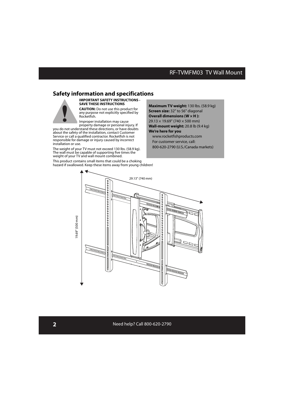 Safety information and specifications | RocketFish RF-TVMFM03 User Manual | Page 2 / 20