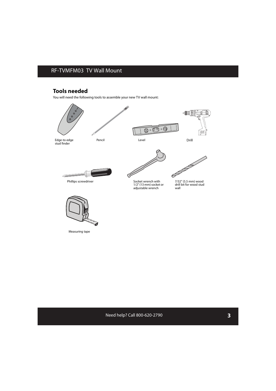 Tools needed, Rf-tvmfm03 tv wall mount tools needed | RocketFish RF-TVMFM03 User Manual | Page 3 / 20