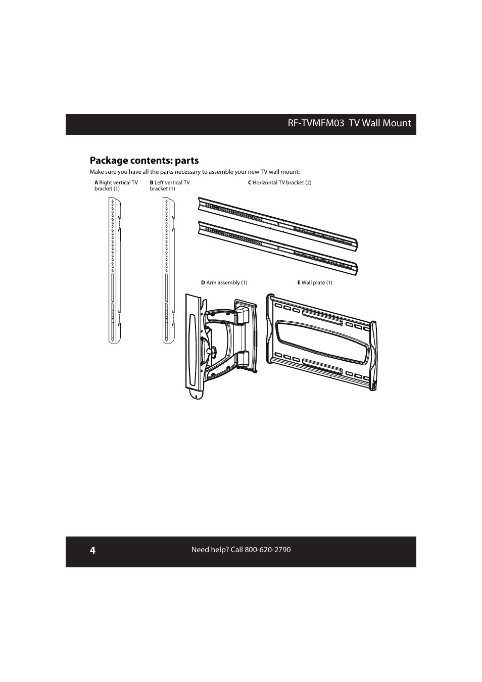 Package contents: parts, Rf-tvmfm03 tv wall mount | RocketFish RF-TVMFM03 User Manual | Page 4 / 20