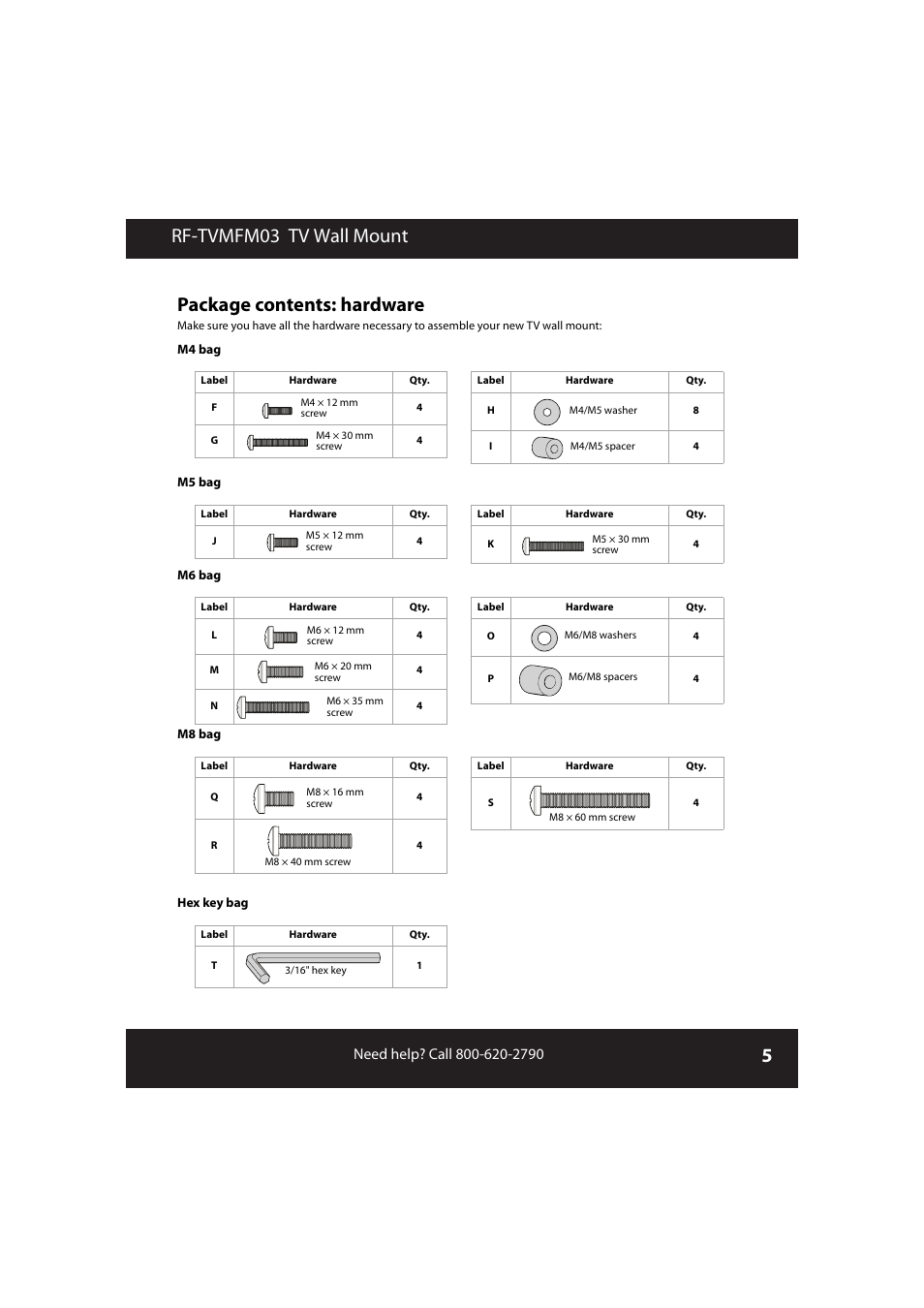 Package contents: hardware | RocketFish RF-TVMFM03 User Manual | Page 5 / 20