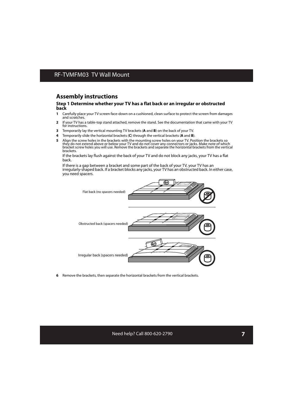 Assembly instructions, Rf-tvmfm03 tv wall mount assembly instructions | RocketFish RF-TVMFM03 User Manual | Page 7 / 20