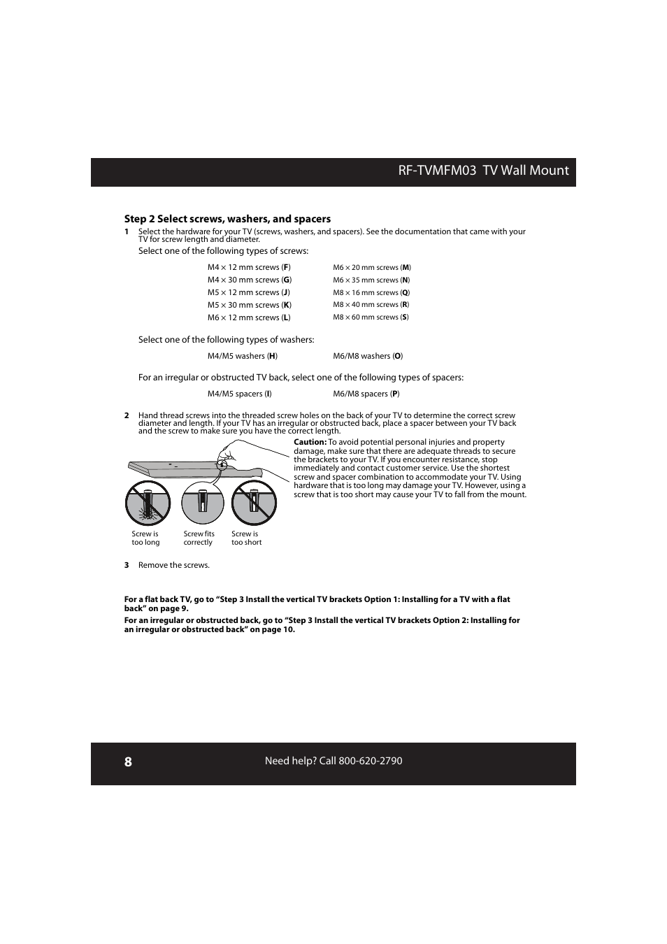 Rf-tvmfm03 tv wall mount | RocketFish RF-TVMFM03 User Manual | Page 8 / 20