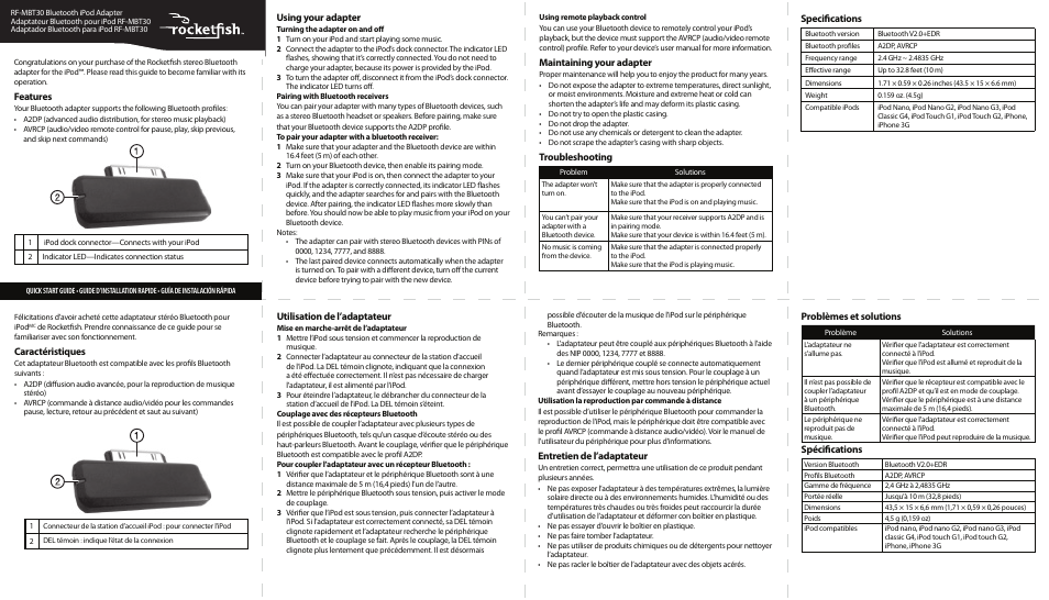 RocketFish RF-MBT30 User Manual | 2 pages