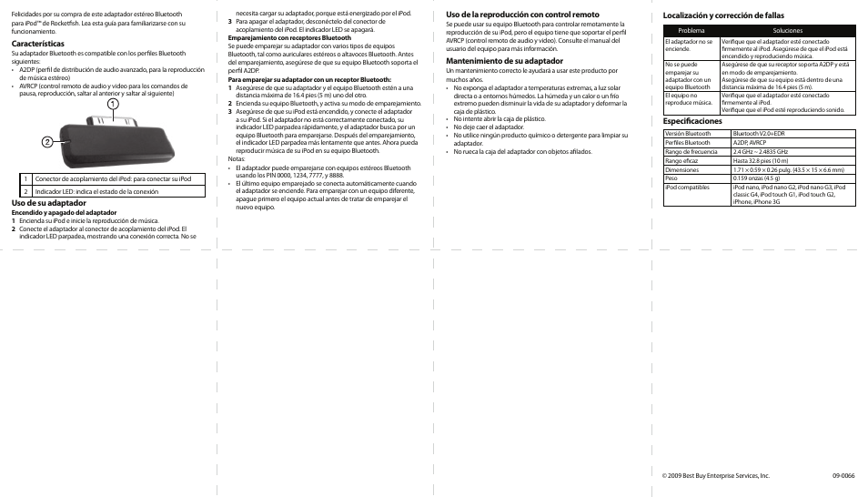 Características, Uso de su adaptador, Uso de la reproducción con control remoto | Mantenimiento de su adaptador, Localización y corrección de fallas, Especifi caciones | RocketFish RF-MBT30 User Manual | Page 2 / 2