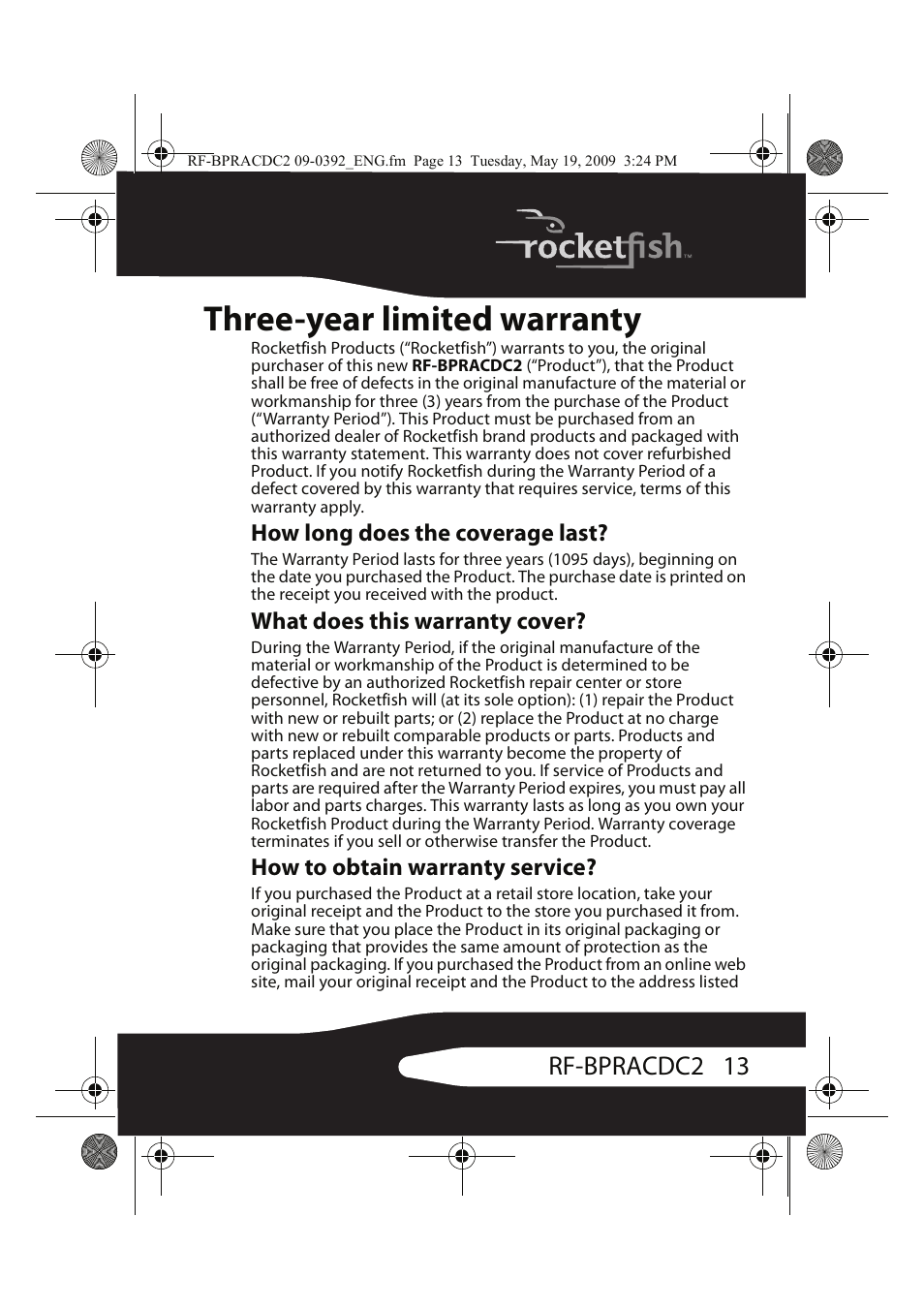 Three-year limited warranty, 13 rf-bpracdc2 | RocketFish RF-BPRACDC2 User Manual | Page 13 / 16