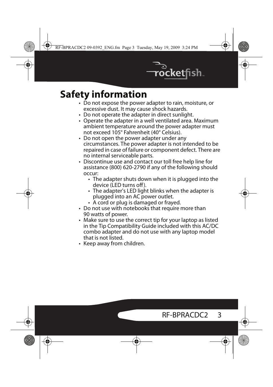 Safety information, 3rf-bpracdc2 | RocketFish RF-BPRACDC2 User Manual | Page 3 / 16