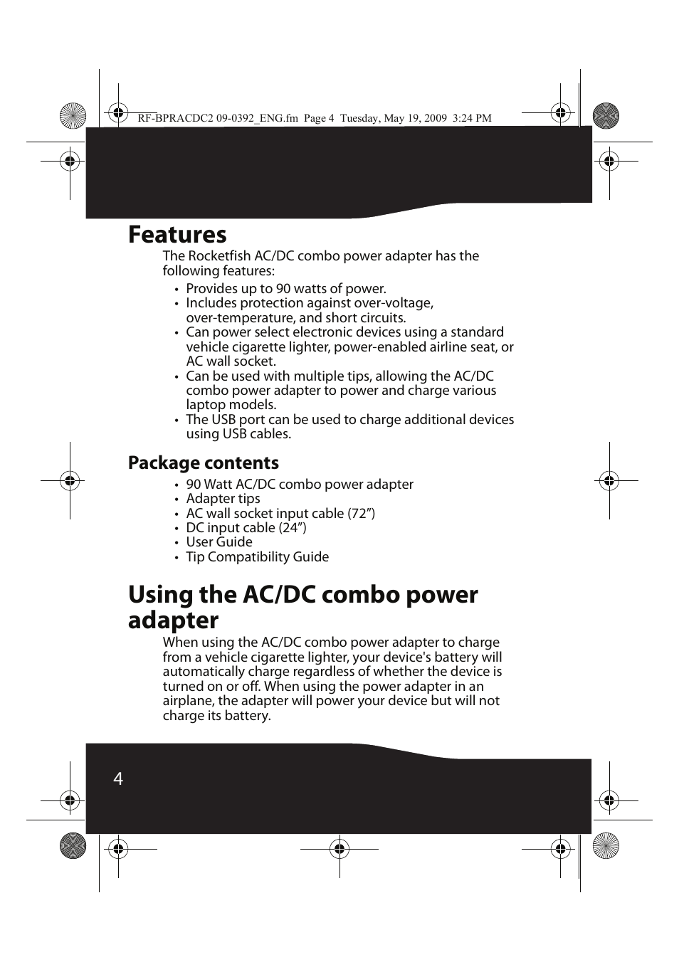 Features, Using the ac/dc combo power adapter, Package contents | RocketFish RF-BPRACDC2 User Manual | Page 4 / 16