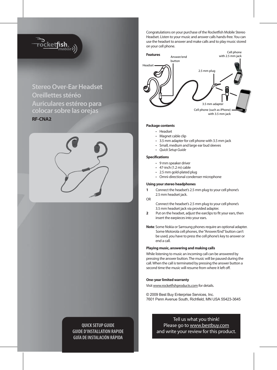 RocketFish Sport RF-CNA2 User Manual | 2 pages