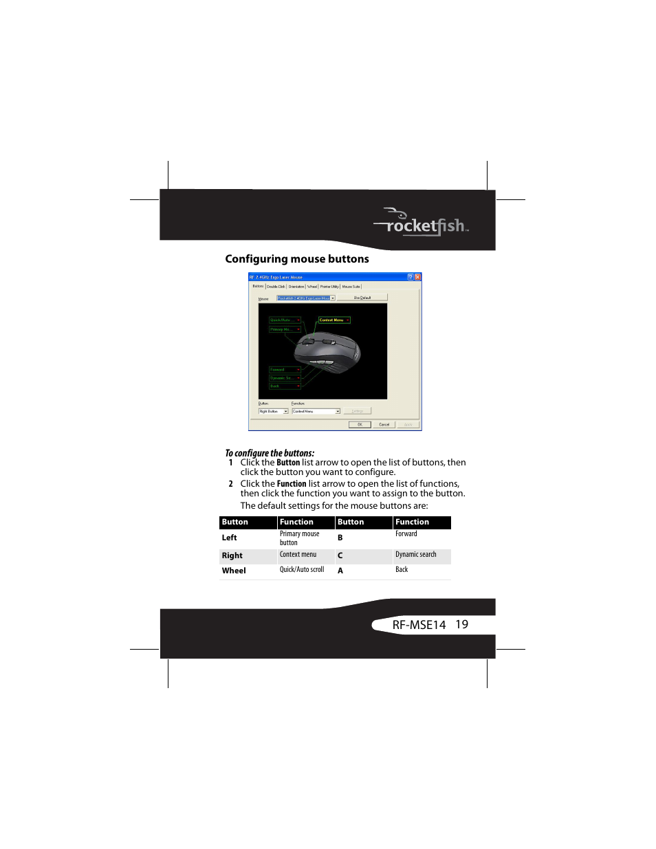 19 rf-mse14, Configuring mouse buttons | RocketFish RF-MSE14 User Manual | Page 19 / 36