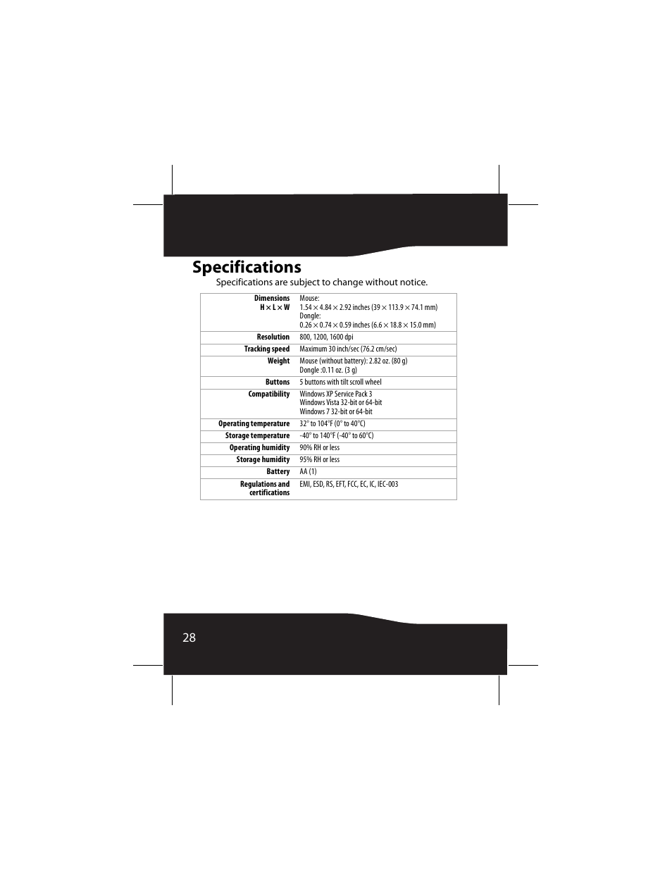 Specifications | RocketFish RF-MSE14 User Manual | Page 28 / 36