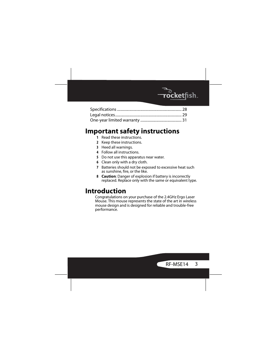 Important safety instructions, Introduction | RocketFish RF-MSE14 User Manual | Page 3 / 36