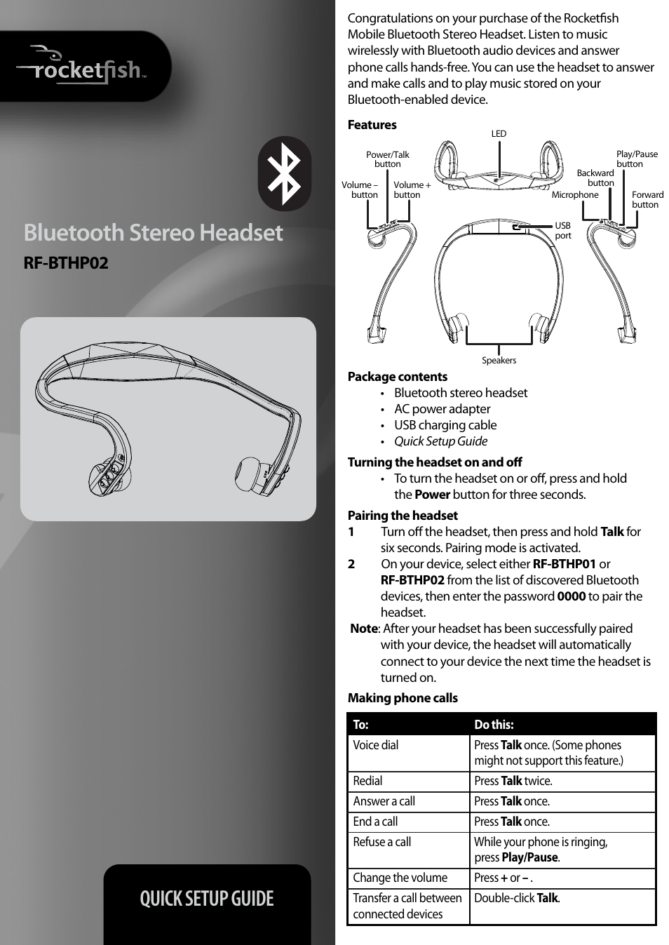 RocketFish RF-BTHP02 User Manual | 2 pages