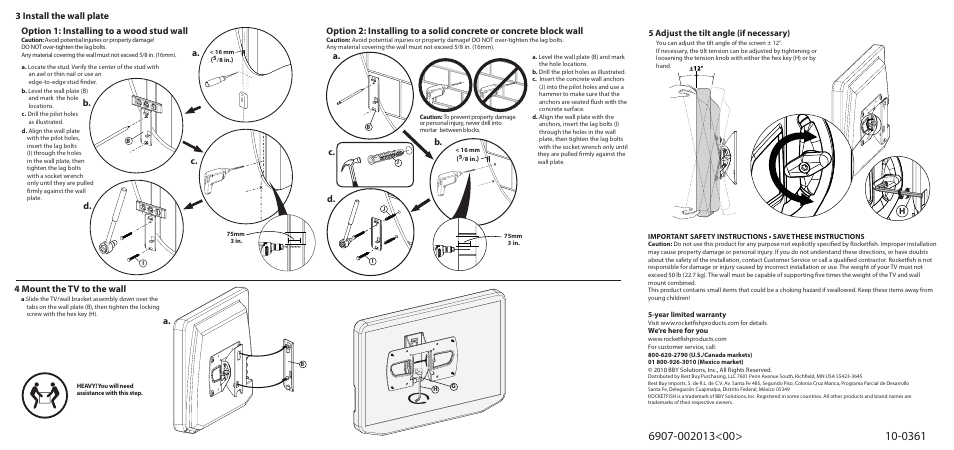 3 install the wall plate, Option 1: installing to a wood stud wall, 4 mount the tv to the wall | A. b. c. d. a. a. b. c. d, 5 adjust the tilt angle (if necessary) | RocketFish RF-TVMLPT01 User Manual | Page 2 / 2