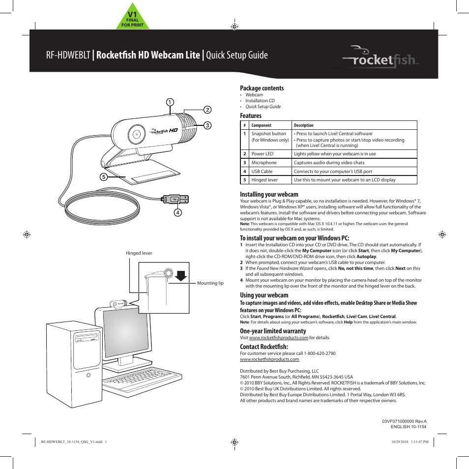 RocketFish RF-HDWEBLT User Manual | 1 page