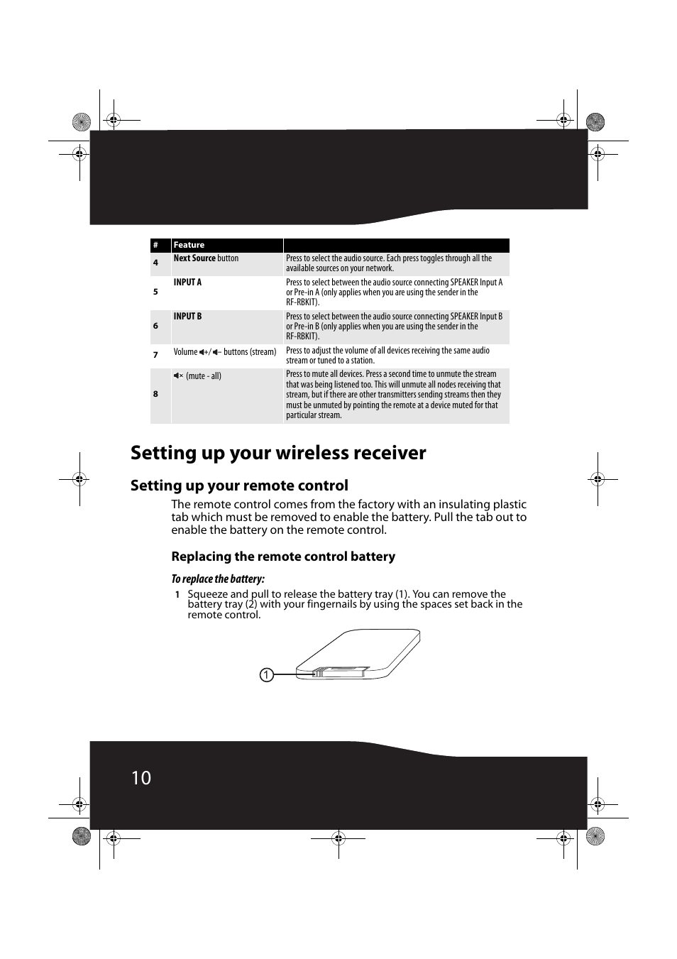 Setting up your wireless receiver, Setting up your remote control, Replacing the remote control battery | 10 setting up your wireless receiver | RocketFish RF-RBREC User Manual | Page 10 / 28
