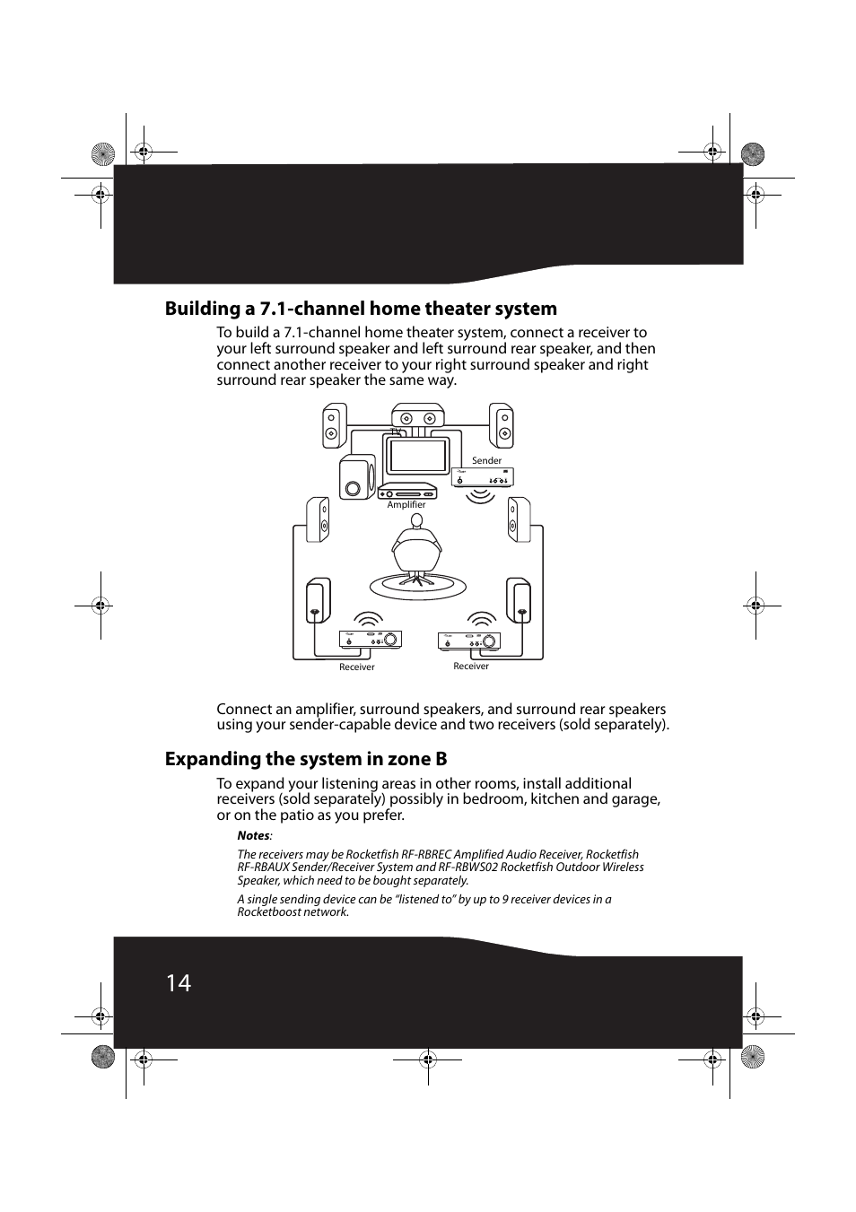 Building a 7.1-channel home theater system, Expanding the system in zone b | RocketFish RF-RBREC User Manual | Page 14 / 28