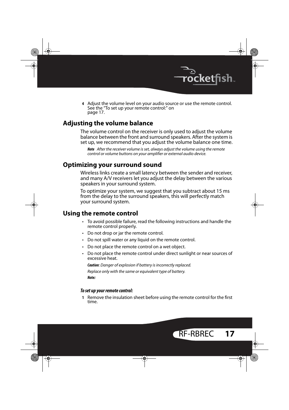 Adjusting the volume balance, Optimizing your surround sound, Using the remote control | 17 rf-rbrec | RocketFish RF-RBREC User Manual | Page 17 / 28
