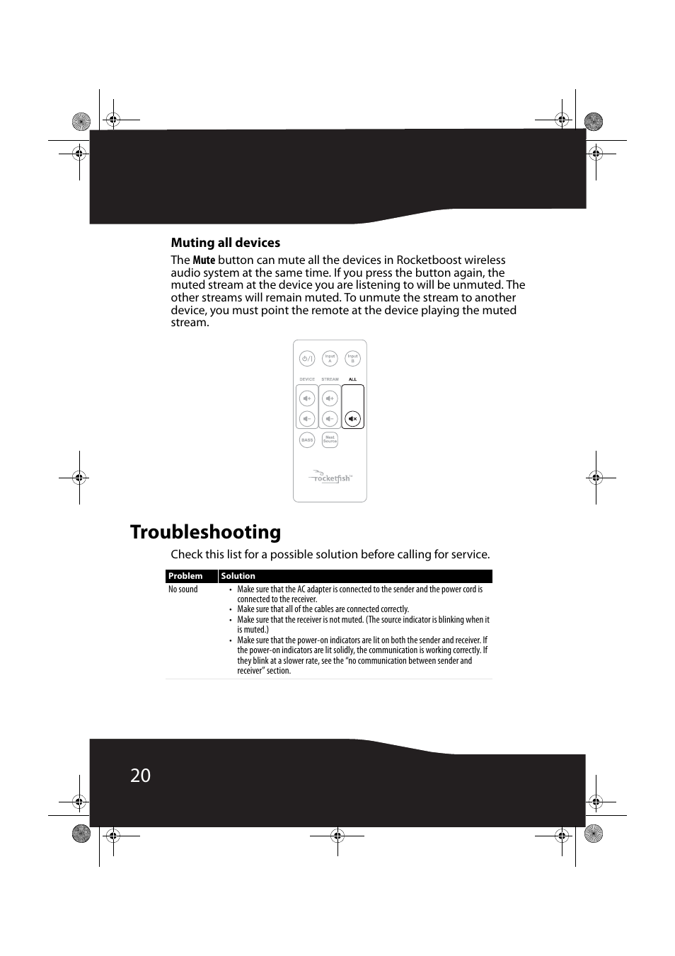 Muting all devices, Troubleshooting | RocketFish RF-RBREC User Manual | Page 20 / 28