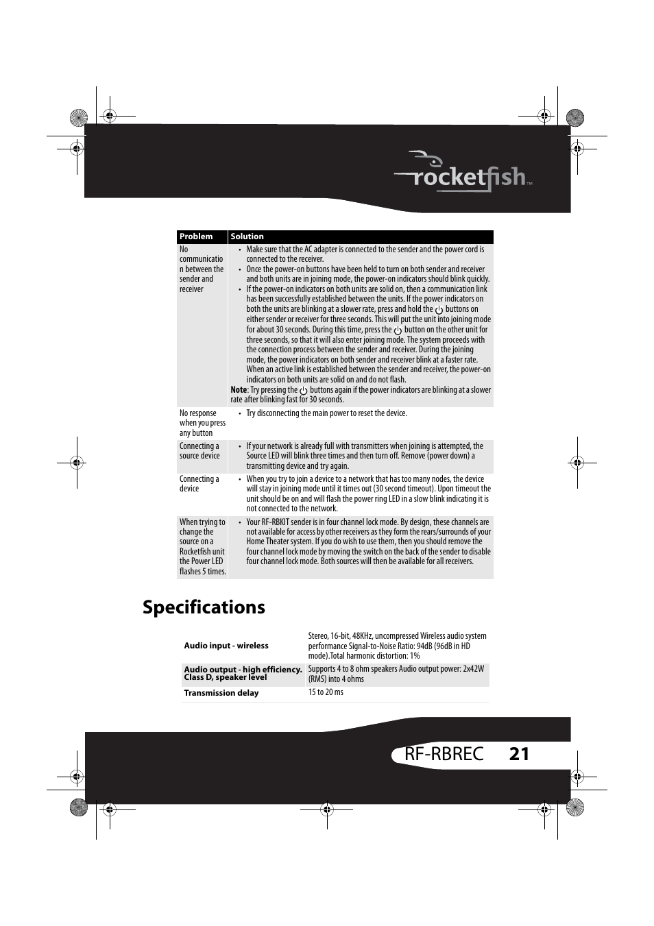 Specifications, 21 rf-rbrec specifications | RocketFish RF-RBREC User Manual | Page 21 / 28