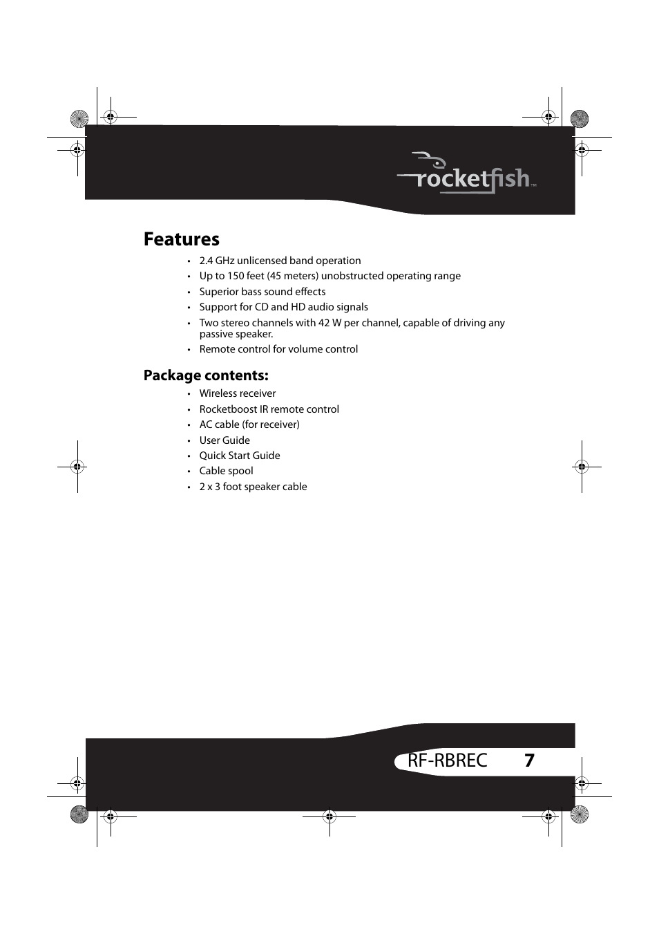 Features, Package contents, 7rf-rbrec features | RocketFish RF-RBREC User Manual | Page 7 / 28