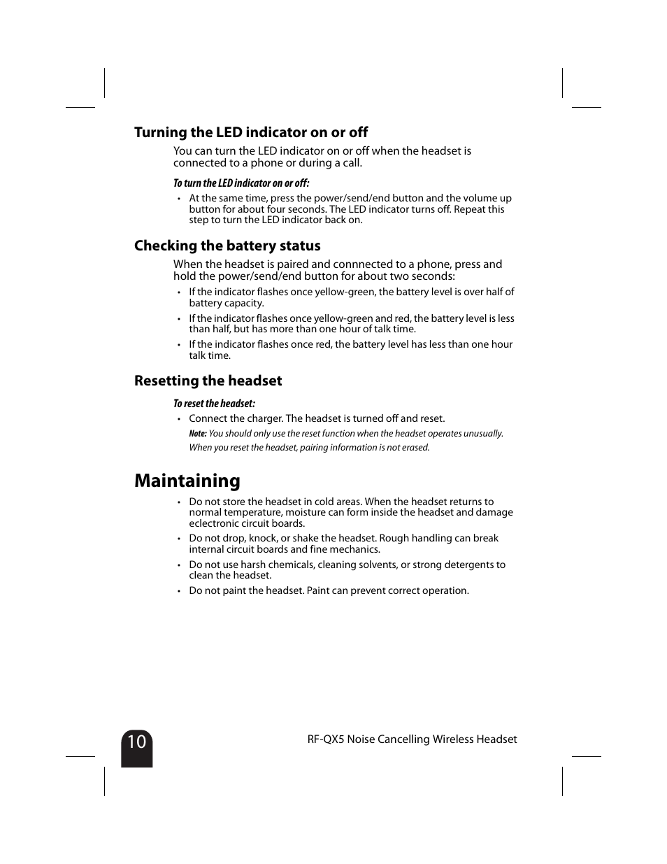 Turning the led indicator on or off, Checking the battery status, Resetting the headset | Maintaining | RocketFish RF-QX5 User Manual | Page 10 / 15