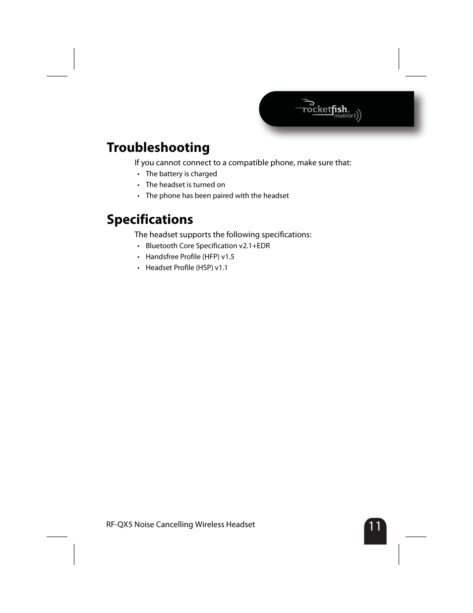 Troubleshooting, Specifications, Troubleshooting specifications | RocketFish RF-QX5 User Manual | Page 11 / 15