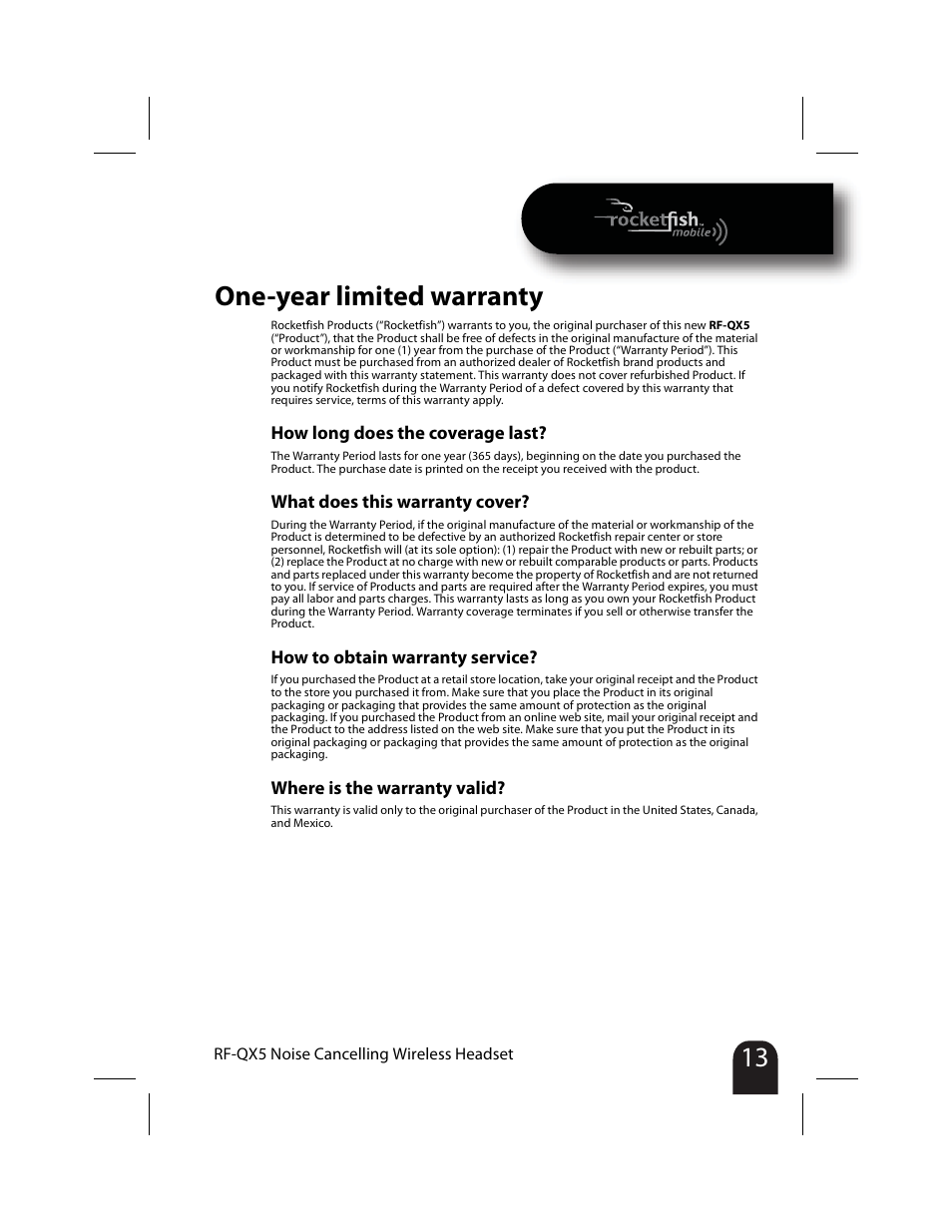 One-year limited warranty | RocketFish RF-QX5 User Manual | Page 13 / 15