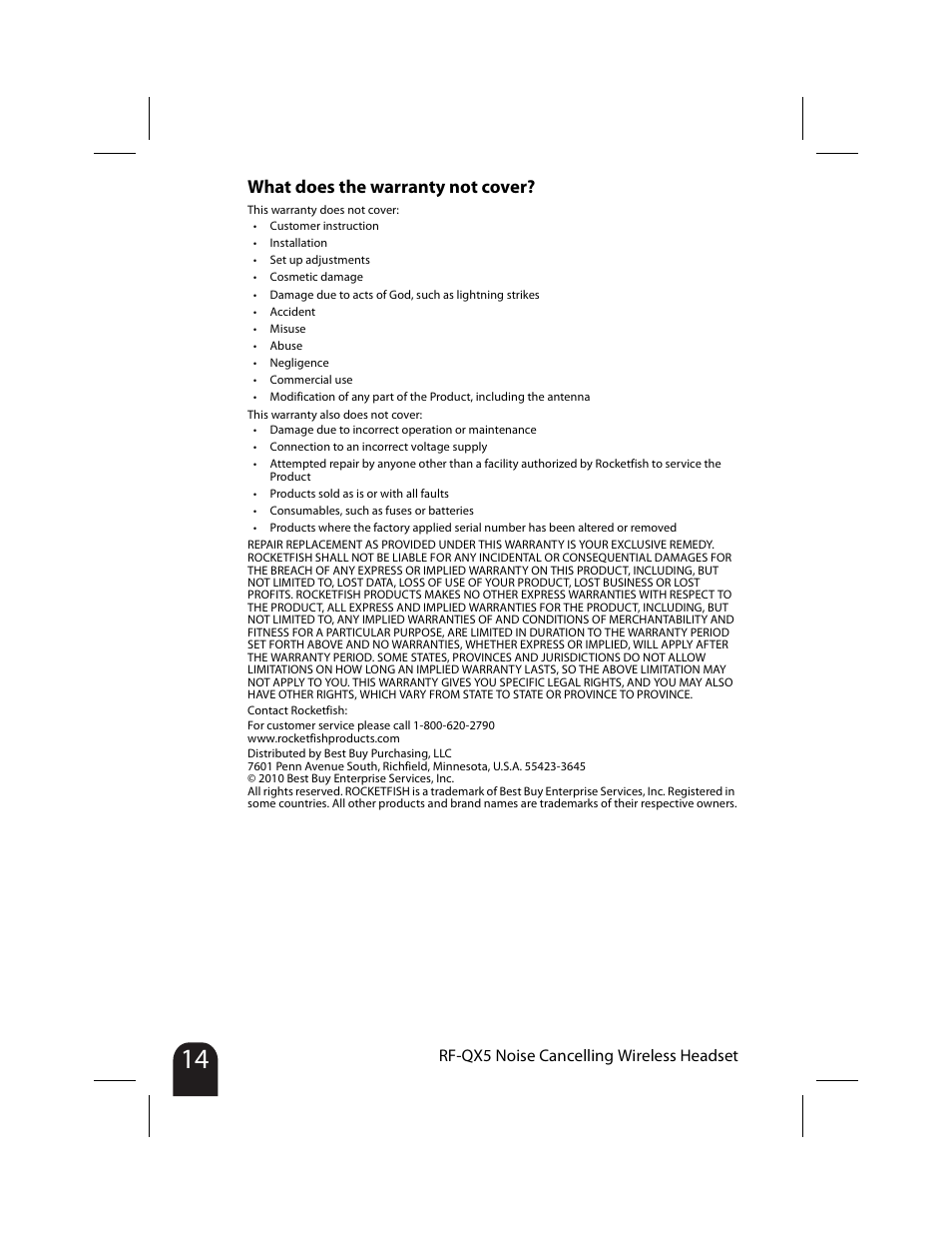 What does the warranty not cover, Rf-qx5 noise cancelling wireless headset | RocketFish RF-QX5 User Manual | Page 14 / 15