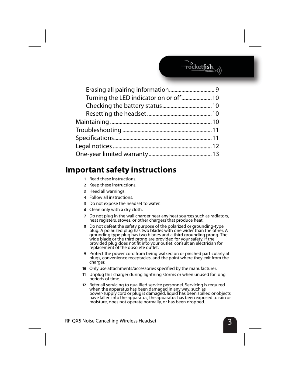 Important safety instructions | RocketFish RF-QX5 User Manual | Page 3 / 15