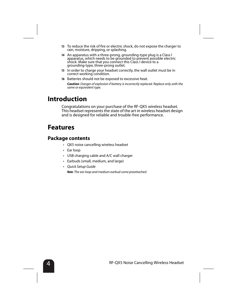 Introduction, Features, Package contents | Introduction features | RocketFish RF-QX5 User Manual | Page 4 / 15