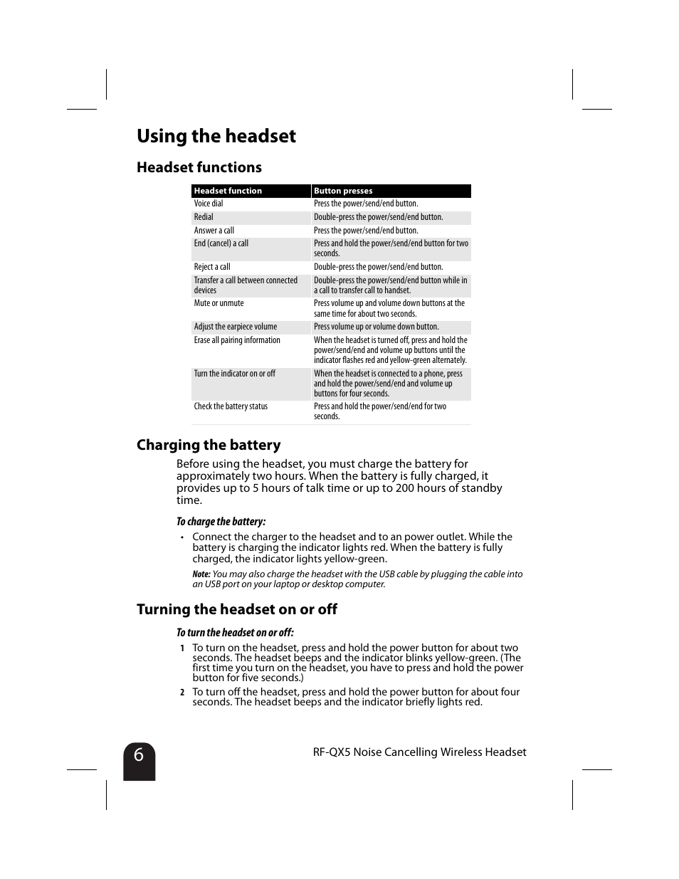 Using the headset, Headset functions, Charging the battery | Turning the headset on or off, Headset functions charging the battery | RocketFish RF-QX5 User Manual | Page 6 / 15